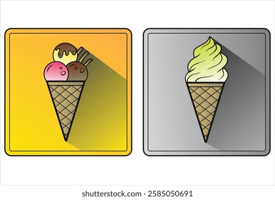 Two ice cream cones, one with three scoops of different flavors and chocolate sticks, and another with matcha soft serve, are displayed on contrasting backgrounds.