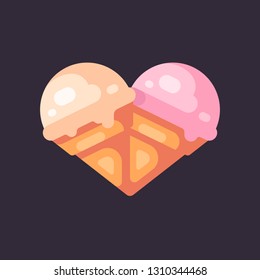 Two ice cream cones in the shape of a heart flat illustration