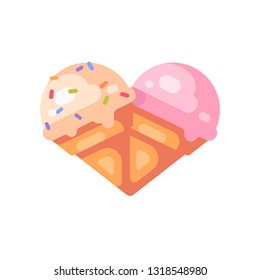 Two ice cream cones in the shape of a heart. Vanilla and cherry ice cream flat icon