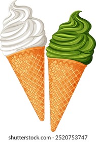 Two ice cream cones with vanilla and matcha