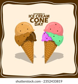 Two ice cream cones of various flavors, with bold text in a frame on a light brown background to celebrate National Ice Cream Cone Day on September 22