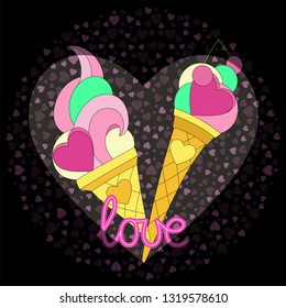two ice cream on the background of hearts as a symbol of love