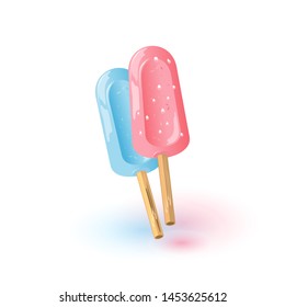 Two ice cream on sticks in blue and pink glaze with addition ingredients. Summer dessert for hot weather. Ice-blocks with different flavour. Cartoon vector illustration isolated on white background.