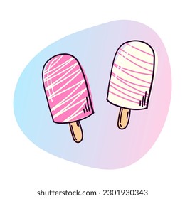 Two ice cream popsicles covered with icing. Vector illustration in doodle style