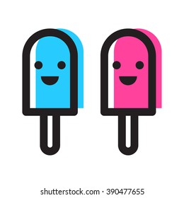 Two ice cream with smiling face icon flat vector on white background. Funny character