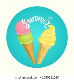 Two ice cream in a waffle cone. Lettering summer. Vector flat style illustration.