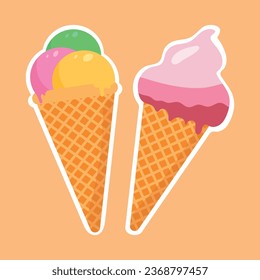 Two ice creams in a cone. Sweet cold dessert. Ice cream vector illustration. Ice cream stickers.