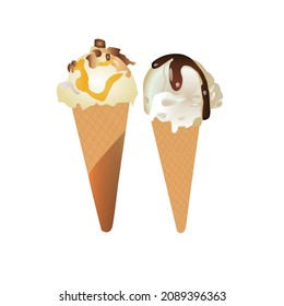 two ice creams mixed with chocolate in a waffle cone vector