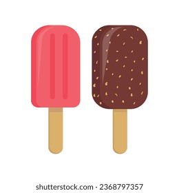 Two ice creams on a stick. Berry and chocolate ice cream. Sweet cold dessert. Ice cream vector illustration.
