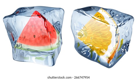 Two ice cubes with frozen slices of watermelon and orange