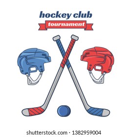 Two ice hockey helmets with hockey stick in red blue color. Flat style vector illustration on white background.