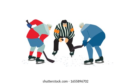 Two ice hockey players going for the puck. Referee holding a puck in face off position. Male cartoon characters hand drawn vector isolated illustration.
