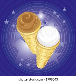 Two Ice-Cream Cones On Imaginary Background (Fully Editable Vector Image)