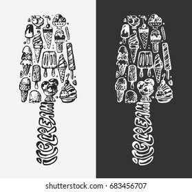 Two Icecream shapes. Ice cream vector set, hand drawing, sketch style. Icecream lettering. Summer food print.