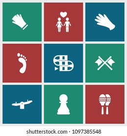 Two icon. collection of 9 two filled icons such as swing, gloves, chess pawn, crossed flags, foot print, dice game, couple. editable two icons for web and mobile.