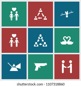 Two icon. collection of 9 two filled icons such as intersection, swan heart, shaking hands, gun, communication, swing, couple. editable two icons for web and mobile.