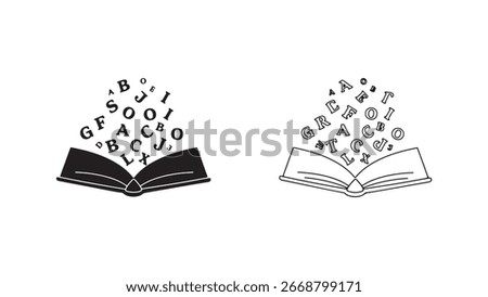 Two icon designs featuring an open book with various alphabet letters flying out, symbolizing knowledge and learning.