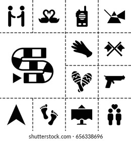 Two icon. set of 13 filled twoicons such as gloves, navigation arrow, gay couple, swan heart, maraca, restaurant table, foot, walkie talkie, gun, crossed flags, shaking hands