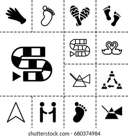 Two icon. set of 13 filled and outline two icons such as foot print, gloves, maraca, foot, communication, shaking hands, navigation arrow, swan heart, dice game
