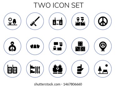 two icon set. 15 filled two icons.  Collection Of - Park, Peace, Baton, Friends, Walkie talkie, Talk, Dice, Peace sign, Walkie talkies, Bunk bed, Hands, Hand