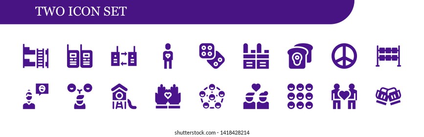 two icon set. 18 filled two icons.  Collection Of - Bunk bed, Walkie talkies, Walkie talkie, Friend, Dice, Toast, Peace, Friends, Park, Hands, Couple