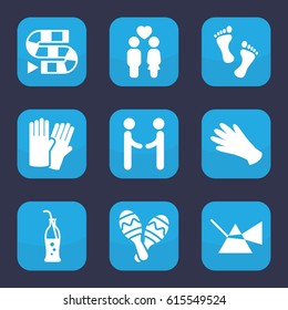 Two icon. set of 9 filled two icons such as glove, gloves, couple, soda bottle, maraca, foot, shaking hands, dice game