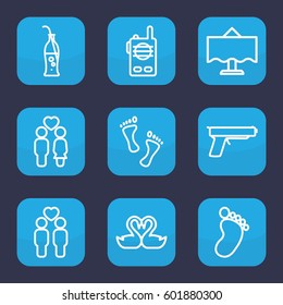 two icon. Set of 9 outline two icons such as foot print, couple, gay couple, swan heart, soda bottle, restaurant table, foot, walkie talkie