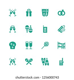two icon set. Collection of 16 filled two icons included Walkie talkie, Flipper, Maracas, Toast, Bunk bed, Peace, Wedding rings, Flippers, Grip