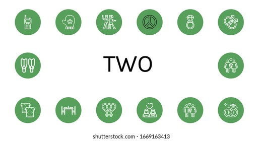 two icon set. Collection of Walkie talkie, Hand glove, Salsa, Peace, Wedding ring, Gay, Toast, Dinning table, Lesbian, Heterosexual, Flippers icons