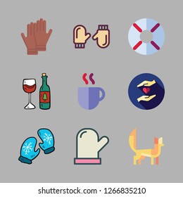 two icon set. vector set about coffee cup, wine glass, gloves and help icons set.