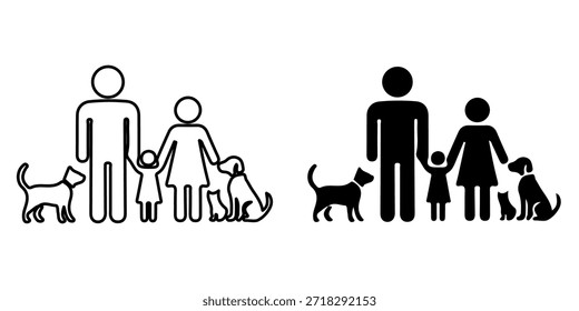 Dos conjuntos de iconos que representan una familia con dos perros, uno de pie y otro sentado. El primer conjunto es un contorno, el segundo es una silueta sólida.