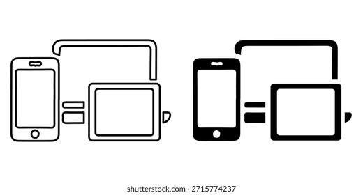 Dos conjuntos de iconos que muestran una pantalla de smartphone, tableta y escritorio conectada, que representan la sincronización de Diseño web y dispositivo receptivos.