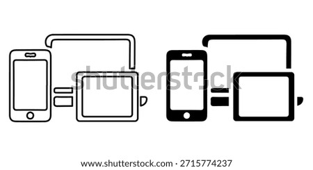 Two icon sets showing a smartphone, tablet, and desktop screen connected, representing responsive web design and device synchronization.