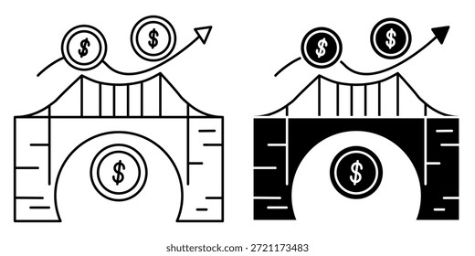 Dos estilos de iconos de un puente con monedas de dólar y un gráfico de tendencia ascendente, que representan el progreso financiero y la inversión.