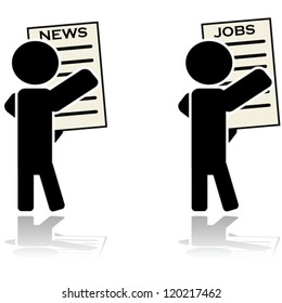 Two icon vector illustrations showing a man reading a newspaper and another looking for a job