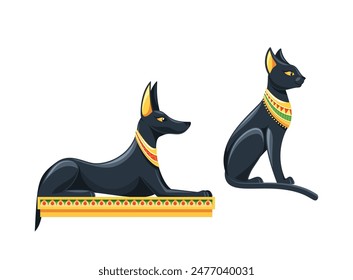 Dos Icónicos Símbolos Egipcios Antiguos Figura Anubis Y Estatua Del Gato Bastet Adornado Con Collares Tradicionales, Vector