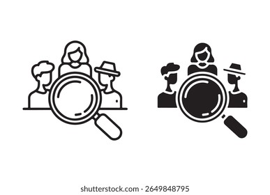 Two iconographic representations of a magnifying glass focusing on a group of people. One is a line art icon, the other is a solid silhouette, both isolated on a white background.