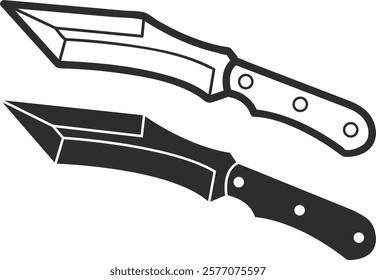 Two icons of an army combat knife in two versions, line and silhouette in black colors, an icon of a knife that cuts, stabs and chops.