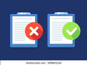 Two icons of blanks, pages, forms, summary with approved/accepted and rejected/denied symbols. Vector, isolated. Flat style.