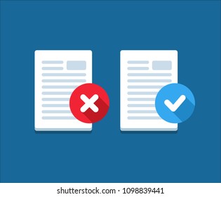 Two Icons Of Blanks, Pages, Forms, Summary With Approved And Denied Symbols. Vector, Isolated