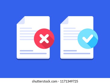 Two icons of blanks, pages, forms, summary with check marks. Approved, accepted and rejected, rejected.