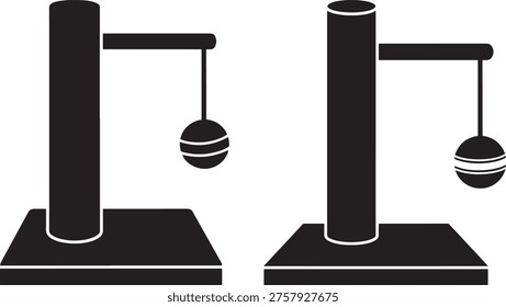 Two icons of cat trees with dangling balls on white background
