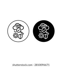 Two icons of cloud computing and data security with magnifying glass and gear symbols, security