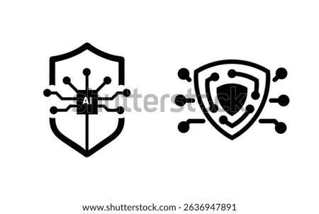 Two icons depict AIpowered security. One shows an AI chip inside a shield the other, a shield integrated with circuit connections, symbolizing robust digital protection.