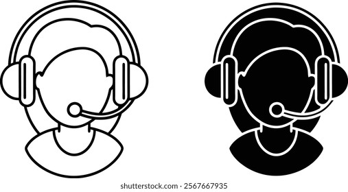 Two icons depict a customer service representative wearing a headset and microphone, one in line art, the other solid black. They represent help, support, and call centers.