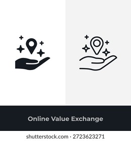 Zwei Symbole zeigen eine Hand, die einen funkelnden Kartenzeiger darstellt, der einen Qualitätsservice oder einen wertvollen Ort in einem digitalen Kontext darstellt.