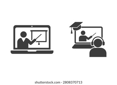 Two icons depict online learning concepts, one showing a teacher presenting on a laptop screen, the other a student with headphones watching a virtual lesson.