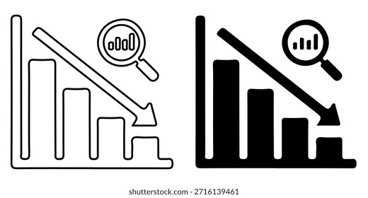Zwei Symbole, die einen Balkendiagramm mit einem absteigenden Pfeil und einer Lupe auf einem kleineren Balkendiagramm darstellen, die Niedergang und Analyse symbolisieren.
