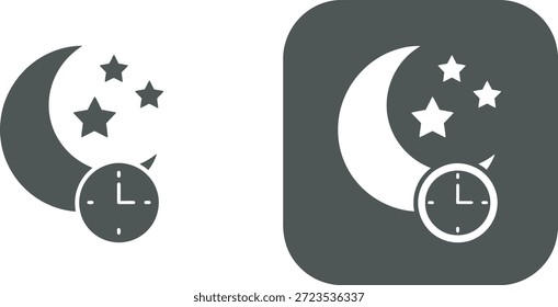 Two icons depicting a crescent moon with stars and a clock, representing night and day