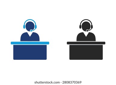 Two icons depicting customer service representatives wearing headsets and sitting at desks, one in blue and one in black.
